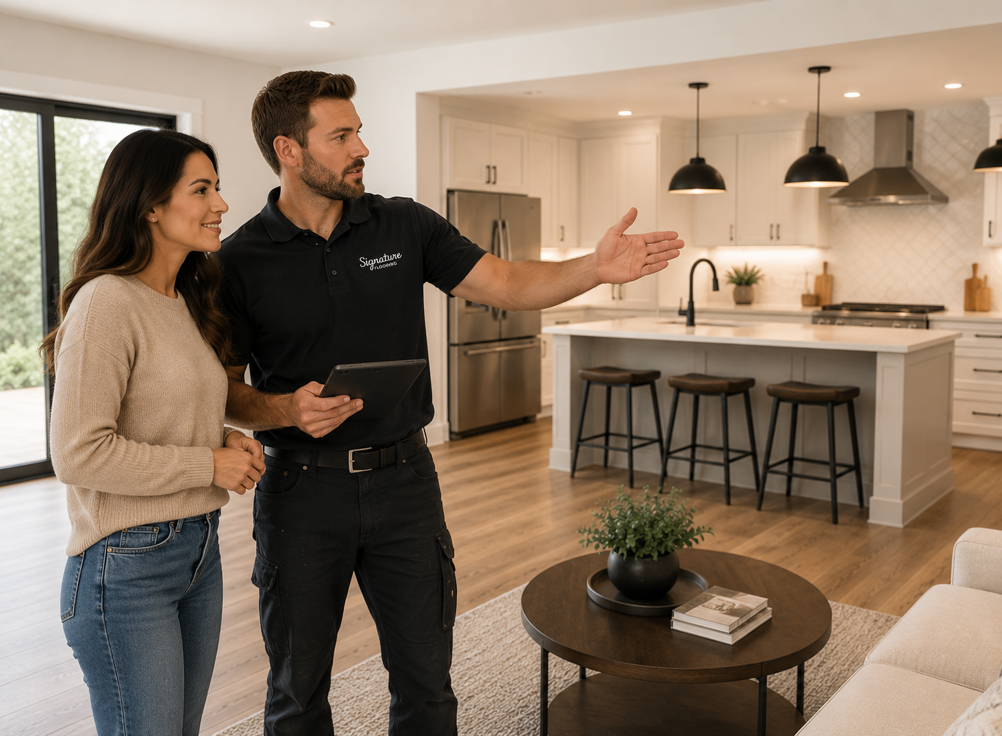 Home renovation consultant discussing remodeling project with homeowners