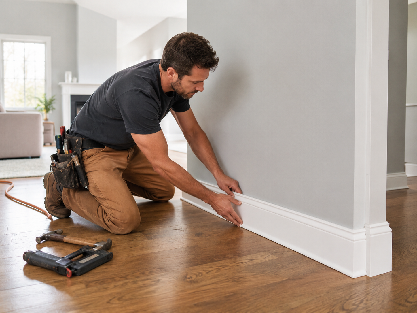 Contractor installing interior baseboards in a residential home