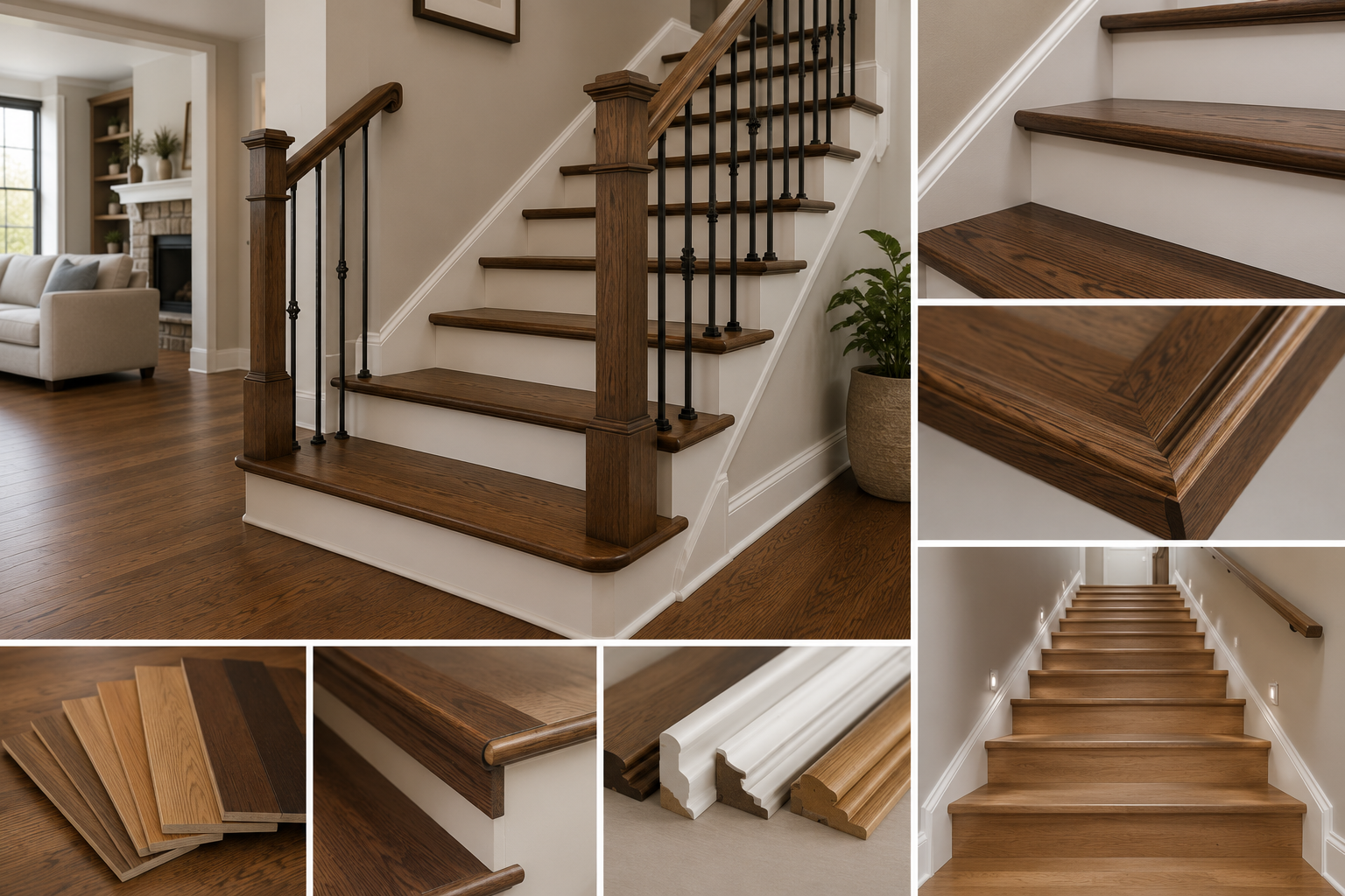 Modern hardwood staircase with wooden handrails