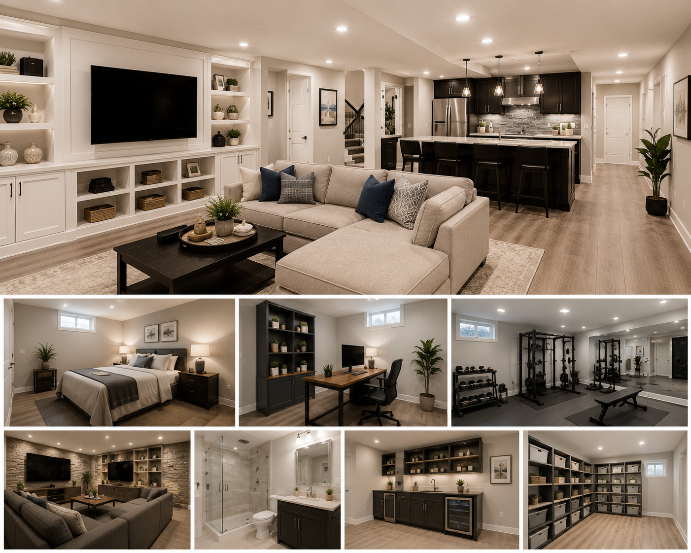 Modern finished basement with custom living space