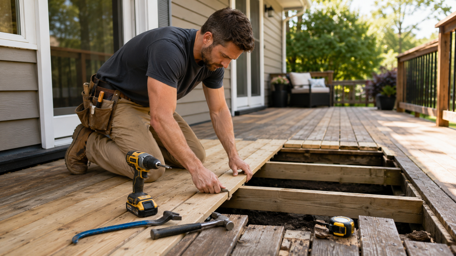 Contractor installing composite deck boards