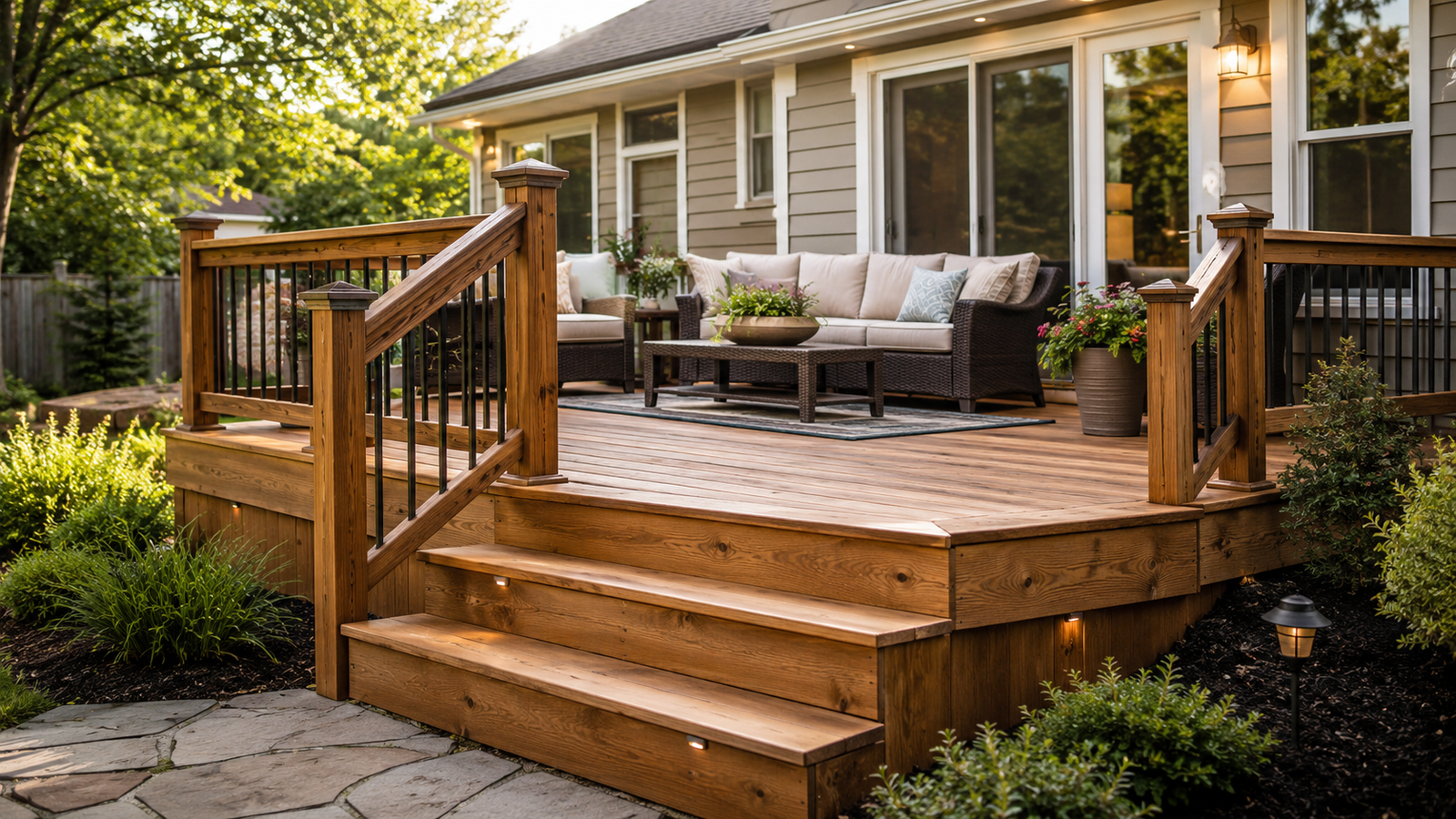 Modern backyard deck built with premium wood materials