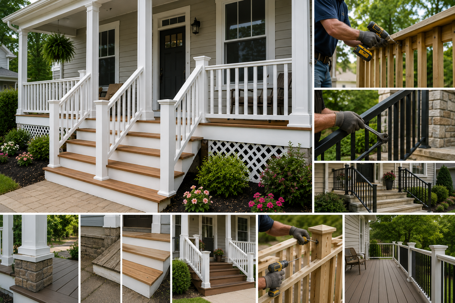 Front porch with custom railings and entry steps