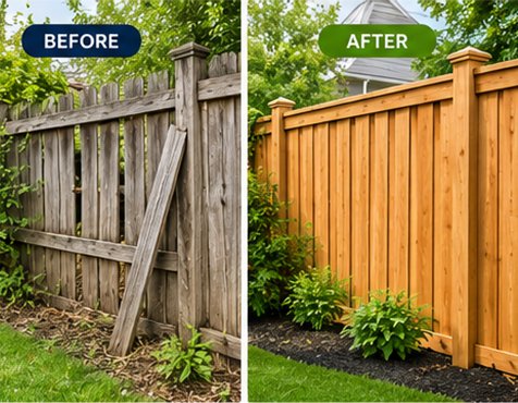 Wooden fence before and after replacement project