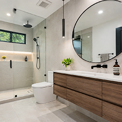Contemporary bathroom renovation with custom vanity and mirror