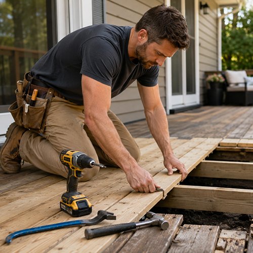 Professional contractor installing a new outdoor deck