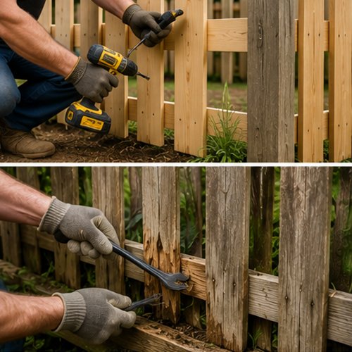 Fence contractor repairing and installing wooden fencing