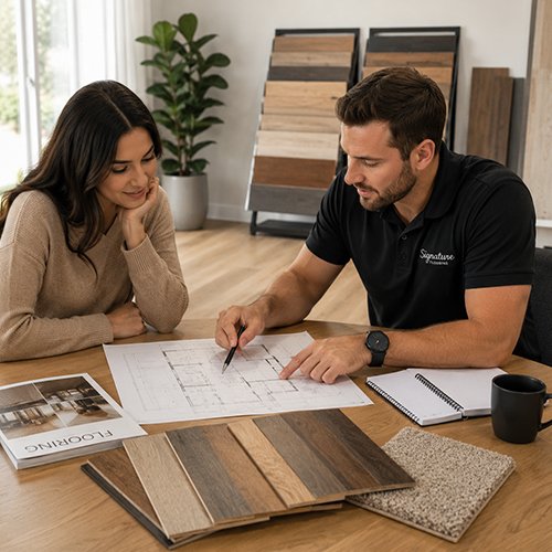 Homeowners consulting with a renovation expert about flooring options