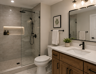 Modern bathroom renovation with custom vanity and shower