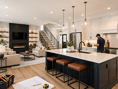 Modern living room with luxury flooring and fireplace renovation